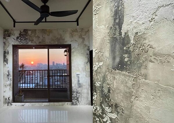 近日有民眾在裝潢社團看到,有人依照壁癌的形狀及顏色深淺,繪製出「客製化壁癌」。圖/截自《奇葩裝潢分享中心》