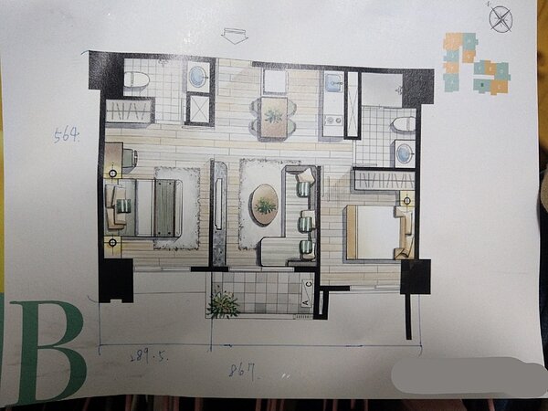 兩臥室床頭壓樑、工作陽台鄰客廳、廚房格局都讓許多網友不滿意。圖/摘自PTT