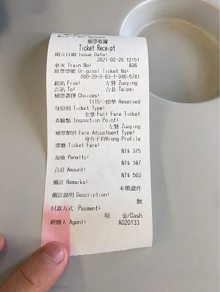 網友沒有學生證搭高鐵被補票。圖/取自PTT