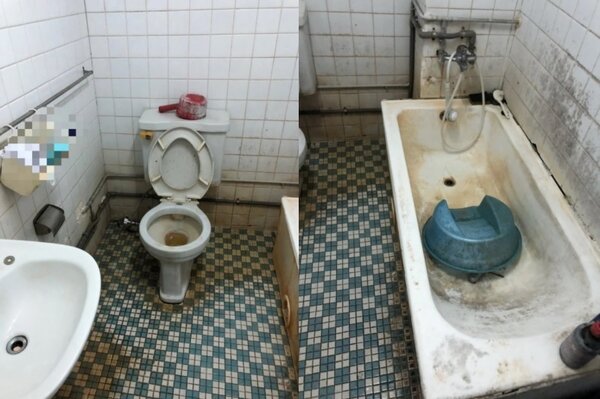 網友貼出友人多張公司宿舍浴室的照片，環境骯髒的程度令人大開眼界。圖／翻攝Dcard