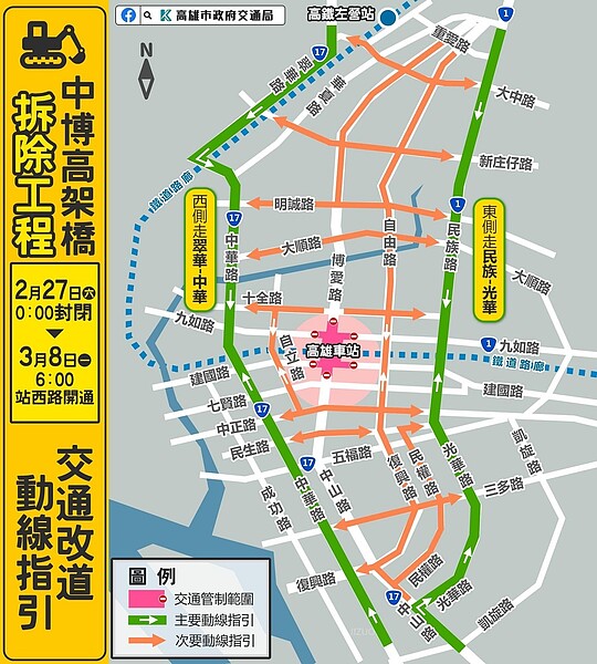 中博拆除替代道路動線。圖／高雄市交通局提供