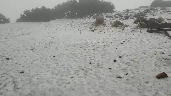 玉山3日上午7時5分下雪，且持續中。圖／氣象局提供