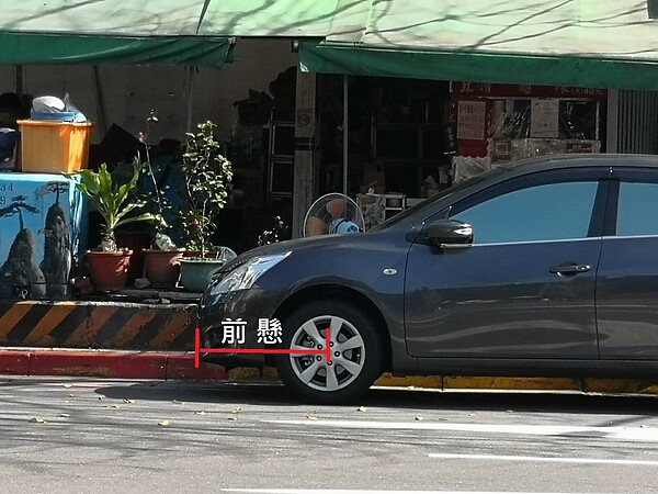 車體的前(後)懸部分若在紅線標示禁止臨時停車路段,即屬違規停車。圖/新北市政府提供