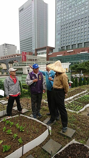 詹坤隆里長向柯文哲市長介紹在南港車站旁的中南里快樂農場。
