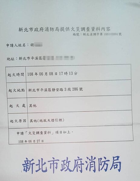 新北市平溪區胡姓老翁的房子發生火警,消防人員調查後,認為是墜落的天燈引發火勢。圖/家屬提供