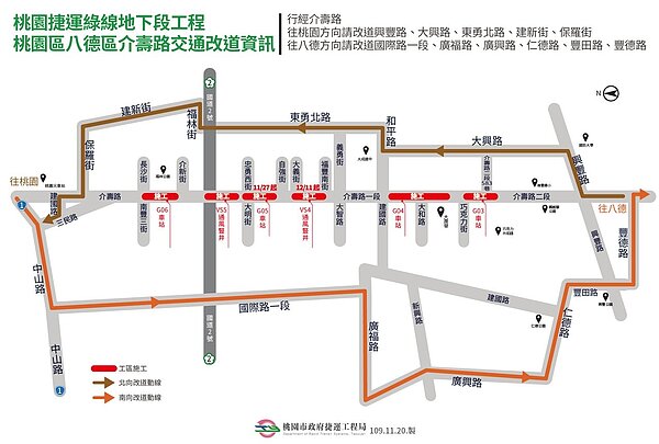 八德介壽路上捷運綠線最後兩處工區G05站、VS4通風豎井將從後天(27日)啟動,市府呼籲改道通行。圖/桃園市捷運工程局提供