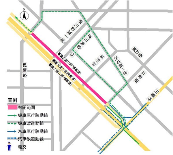 自明（30）日起至12月30日，將封閉台灣大道二段（五權路至民權路）往西向機慢車道。圖／台中市政府提供