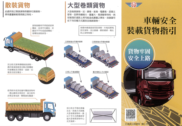公路總局「車輛安全裝載貨物指引手冊」及相關宣導摺頁。圖/交通部提供
