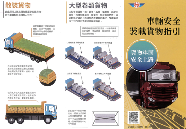 公路總局「車輛安全裝載貨物指引手冊」及相關宣導摺頁。圖／交通部提供