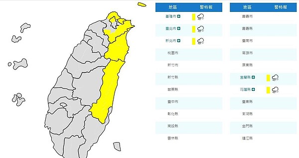 東北季風影響，今(30)日基隆北海岸、宜蘭、花蓮地區及大台北山區有局部大雨發生的機率，連日降雨，山區請注意坍方及落石。圖／中央氣象局提供