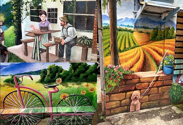 美化環境下，進行的老舊圍牆壁畫彩繪。合成圖。郭庭瑋