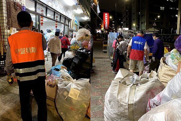 守望相助隊及環保志工協助資源回收日的動線安排，合成圖。郭庭瑋攝。