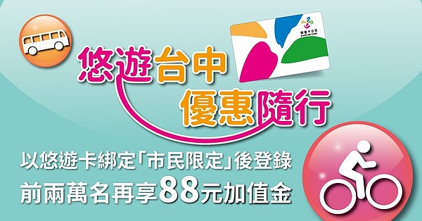 台中市「交通卡」明年上路，台中市民每人限綁一張電子票證以享受交通優惠，悠遊卡熱情贊助，除了回饋加值金外，還可抽iPhone 12等大獎。　圖／悠遊卡公司提供