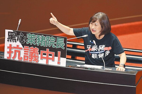 1日立院院會，國民黨立委林奕華上台質詢行政院長蘇貞昌時，質疑萊豬進口沒查廠、沒強制標示就是謊言。（姚志平攝）