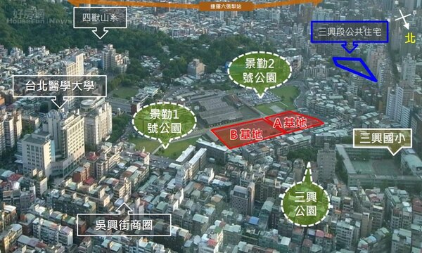 台北市六張犁D、E基地社宅位置，位於圖中紅色框範圍。圖片台北市都發局提供