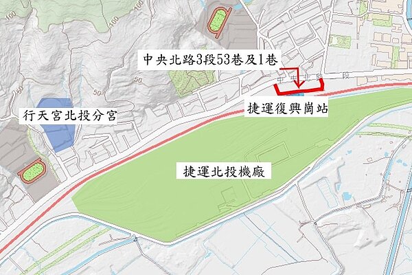 台北市北投區的中央北路3段53巷及1巷連接形成「ㄩ型」巷道。圖/台北市政府提供