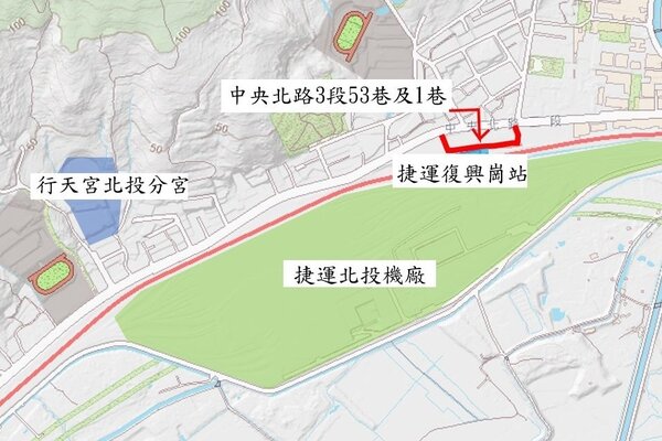 台北市北投區的中央北路3段53巷及1巷連接形成「ㄩ型」巷道。圖／台北市政府提供