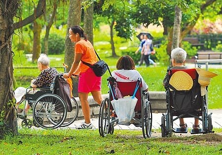 移工新入境人數大幅減少,近日傳出許多仲介業者至過去鮮少去的收容中心尋找移工。圖為外籍家庭看護工推著坐輪椅的老人家到公園散步。(本報資料照片)