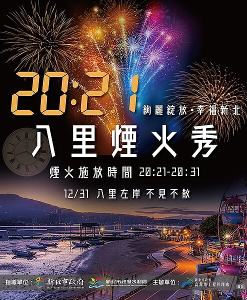 浪漫的河岸及壯觀的煙火將於12月31日晚間20:21在八里左岸上空綻放,象徵迎接2021年到來。圖/新北市政府提供
