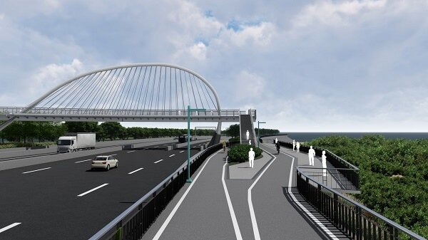 新竹市政府目前正在豎琴橋旁興置64公尺長的堤頂賞夕平台。圖／新竹市政府提供