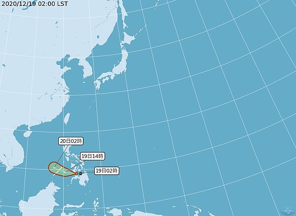 中央氣象局資料顯示，昨天晚上8時在菲律賓南部的熱帶擾動，已發展成熱帶低壓，今天凌晨2時路徑潛勢預測圖顯示，其進入南海後，有逐漸增強的趨勢，偏西進行，對台無影響。圖／取自氣象局網站