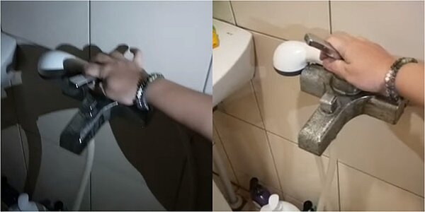 民眾拍影片分享,家中浴室水龍頭突然變成電源總開關。合成圖/截自爆怨公社