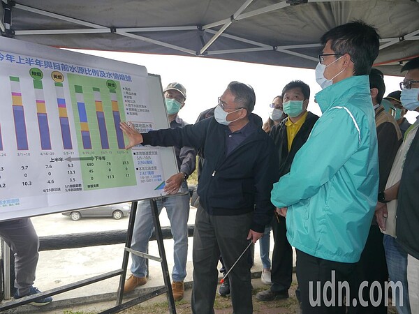 高雄市長陳其邁視察大泉伏流水工程進度(右),南水局長連上堯(左一)解說大高雄供水情況。記者徐白櫻/攝影