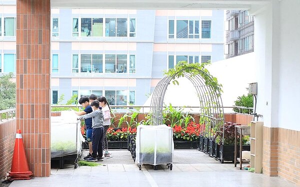 下課鐘聲響起,便有同學該班負責區域前觀察並記錄植物狀況。(圖/記者蘇建銘攝。)