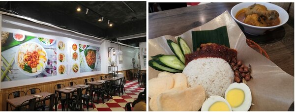 左：店內設計盡量貼近馬來西亞的咖啡店風格。右：池先生kopitiam食物美味，一到用餐時間就排滿了人。圖／吳佳燕攝影