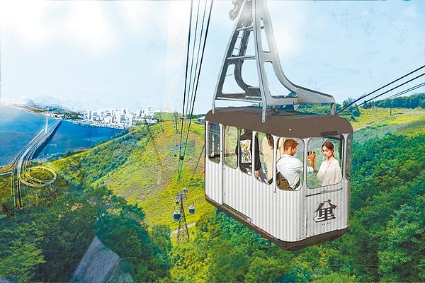 新北市八里纜車興建計畫採BOO模式，但招商半年仍無業者表態投資。圖為完工模擬圖／新北市政府提供