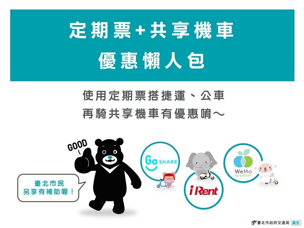 公共運輸定期票自110年5月13日起可加價購買共享機車。圖／北市交通局提供