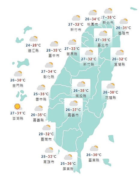 今天各地天氣。圖／取自氣象局網站
