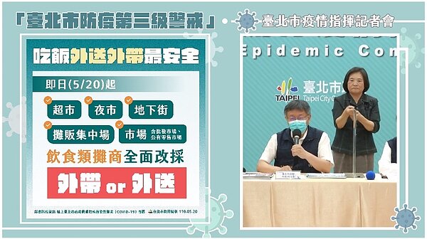台北市宣布超市、夜市等所有飲食攤商一律改外送或外帶。圖/取自北市府直播