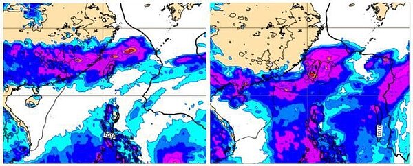 最新歐洲模式模擬地面氣壓及前12小時累積降水圖顯示,下周二20時滯留鋒仍在台灣,雨帶籠罩各地(左圖)。6日20時滯留鋒及明顯雨帶仍籠罩台灣(右圖)。圖/取自「三立準氣象.老大洩天機」專欄