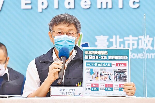 台北市萬華區篩檢站前天檢測682例，市長柯文哲28日分析，雖然萬華是一開始發動的地方，設置篩檢站把陽性找出來隔離後，這地方慢慢控制下來。（台北市政府提供／張立勳台北傳真）