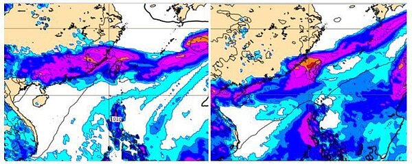 歐洲模式模擬地面氣壓及前12小時累積降水圖顯示,下周一20時滯留鋒在台灣,雨帶籠罩各地(左圖)。下周六20時滯留鋒及明顯雨帶仍籠罩台灣(右圖)。圖/取自「三立準氣象.老大洩天機」專欄