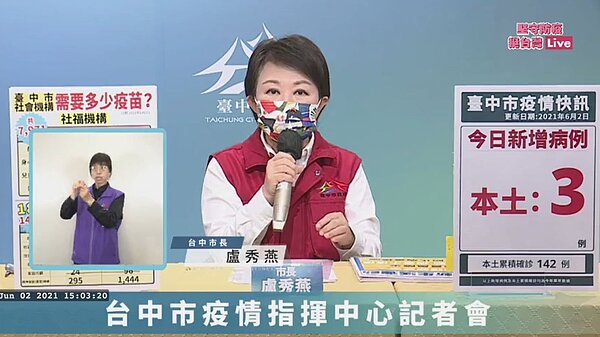 台中市長盧秀燕召開「台中市疫情指揮中心線上記者會」說明台中疫情狀況。圖/截自盧秀燕臉書直播