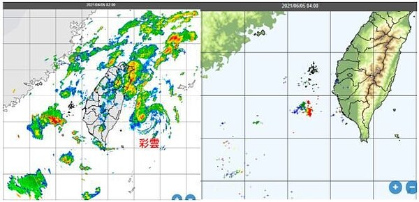 5日凌晨2時的中央氣象局雷達回波合成圖顯示,在台灣東方海面的弱螺旋狀回波,為彩雲殘餘的低層環流(左圖)。4時閃電系統,偵測到台灣西南方有密集的閃電現象(右圖)。圖/取自「三立準氣象.老大洩天機」專欄