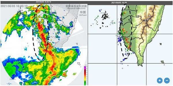 昨天下午4時中央氣象局林園雷達回波合成圖顯示,有線狀回波(左圖),伴隨閃電(右圖),從海峽南部移入西南部,是為颮線(squall line),屬中尺度對流系統。圖/取自「三立準氣象.老大洩天機」專欄