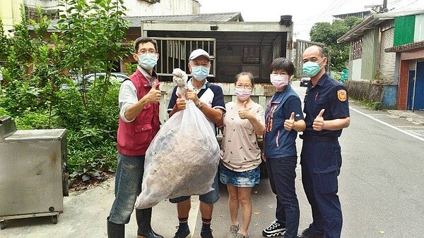 新北市瑞芳區吉慶里民家中出現70公分的大蜂窩，動保處派人摘除，並向民眾說明預防蜂螫知識。圖／新北動保處提供