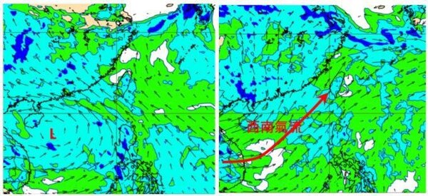 歐洲(ECMWF)模式模擬850百帕風場圖顯示，周五20時南海有熱帶擾動(左圖)發展。下周一20時西南氣流增強並已抵達台灣(右圖)。圖／取自「三立準氣象．老大洩天機」專欄