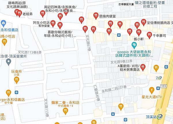 位於文化路兩側的美食商家。圖/擷取自Google地圖