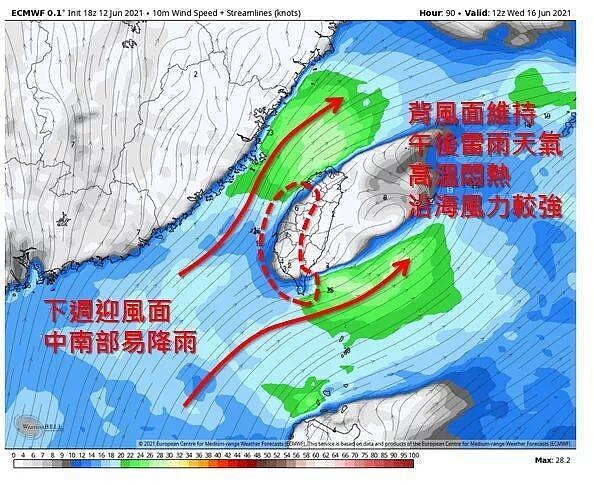 14日台灣附近轉為受西南風影響,預估連續一周都將是西南風環境。圖/取自「天氣職人-吳聖宇」臉書粉專