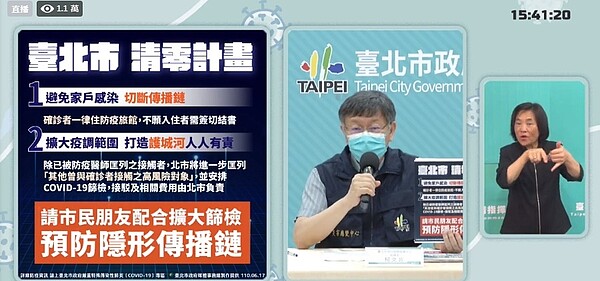 台北市啟動疫情清零計畫。圖/取自台北市政府直播