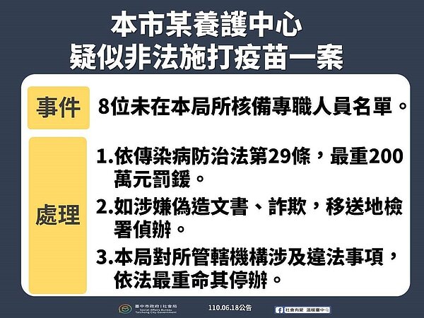 台中市后里區一家養護中心遭爆不實造冊施打名單,社會局已立即要求機構提出佐證資料並說明。圖/台中市政府提供