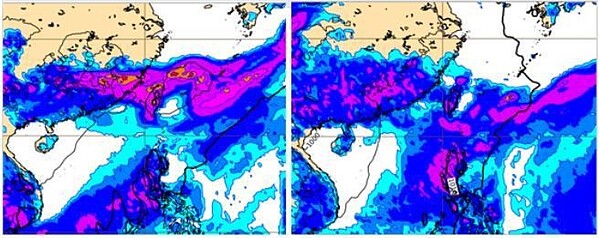 歐洲模式，模擬地面氣壓及降雨量圖顯示，下周二(左圖)及周五(右圖)20時典型梅雨滯留鋒皆在台灣附近徘徊。圖／取自「三立準氣象．老大洩天機」專欄