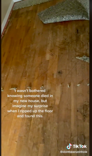 美國一名女網友發布影片，描述她在新家中地毯下發現地板被人用麥克筆描繪人形輪廓，一旁更有不明污漬，疑似命案現場，影片吸引700萬觀眾觀看。圖／取自TikTok@dontbeanashhole