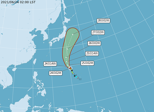 中央氣象局路徑潛勢預測圖顯示,薔琵颱風強度略增強,逐漸向北迴轉,未來併入梅雨鋒,對台無影響。圖/取自氣象局網站