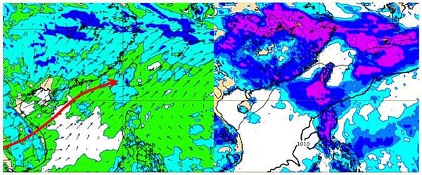 歐洲(ECMWF)模式,模擬27日20時850百帕相對濕度及風場圖顯示,台灣處在西南季風環境,暖濕且不穩定的空氣,源源不絕(左圖)。模擬27日20時地面氣壓及雨量圖顯示,迎風面中南部有大量降雨(右圖)。圖/取自「三立準氣象.老大洩天機」專欄