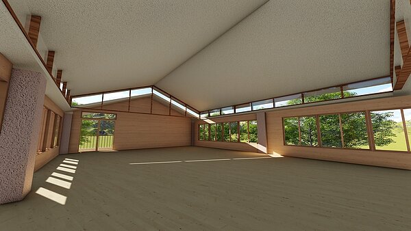 華德福幼兒園校舍順應地形、打破傳統方形格局,並以木構造、自然塗料打造森林教室。圖/新竹市政府提供